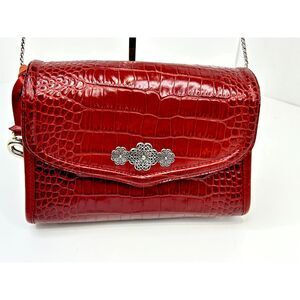 Brighton Red Leather Croc Print Cross Body Snap Flap‎ Close Silver Chain Strap